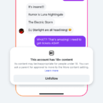 A mobile screen showing an Instagram direct message interface with a popup notification warning that the account contains ...