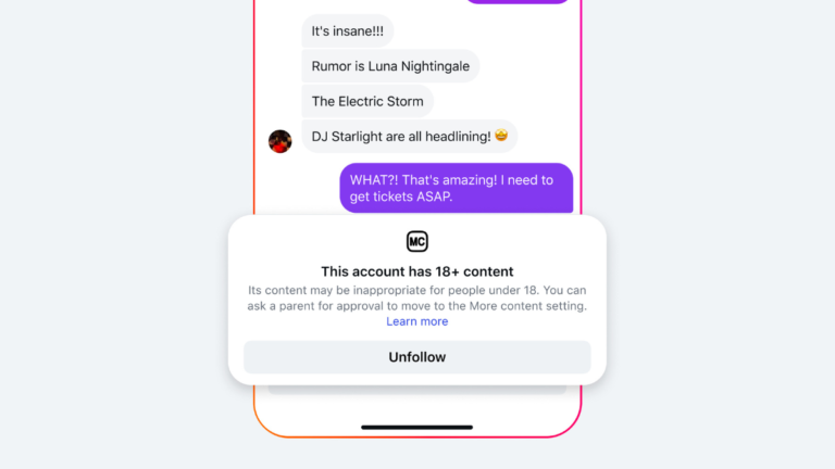 A mobile screen showing an Instagram direct message interface with a popup notification warning that the account contains ...