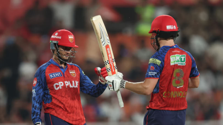 Priyansh Arya and Cooper Connolly fist-bump during their record PBKS partnership against LSG in IPL 2026.