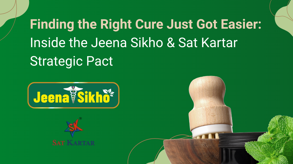 Digital banner announcing the strategic MOU between Jeena Sikho Lifecare Limited and Sat Kartar Life Limited, featuring tr...