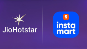 JioHotstar and Swiggy Instamart logos side-by-side on a purple background for new Indian commerce advertising partnership.