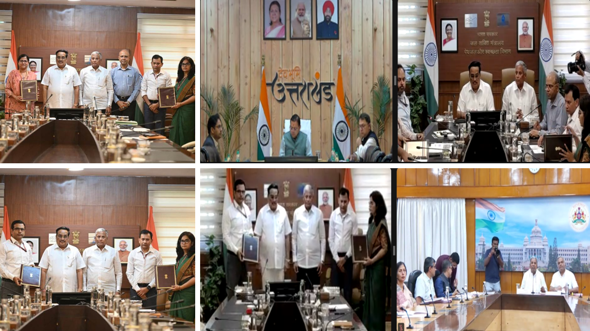 Collage of Indian officials signing agreements, including a screen displaying 'Devbhoomi Uttarakhand' text.