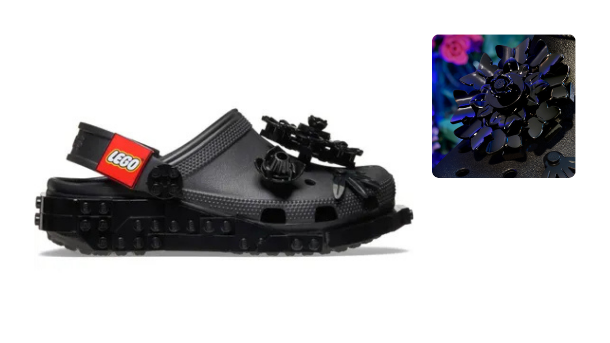 Side profile of the all-black LEGO Midnight Garden Creativity Clog featuring 3D black LEGO floral Jibbitz and a textured brick midsole.