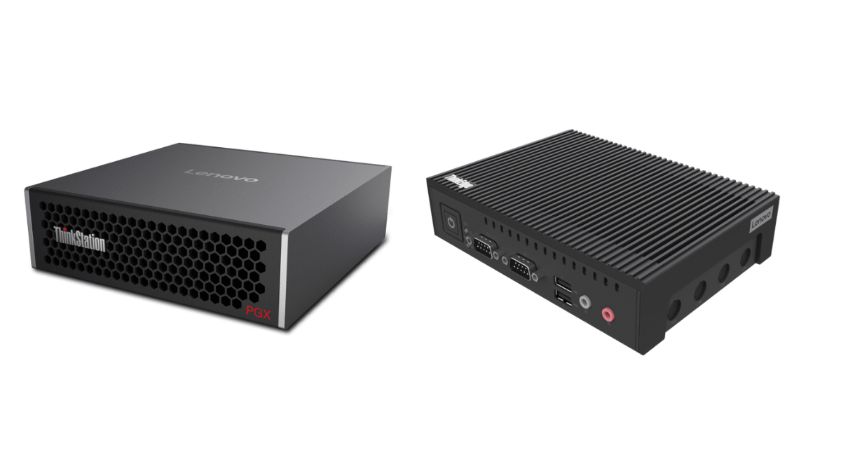 Black Lenovo ThinkStation PGX with honeycomb vents next to a compact ThinkEdge unit for industrial AI use in India