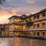 A wide-angle, detailed dusk photograph of a multi-story traditional Indian palace hotel facade surrounding an enclosed cou...