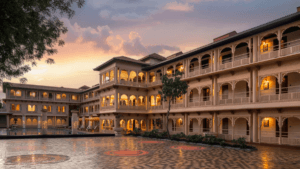 A wide-angle, detailed dusk photograph of a multi-story traditional Indian palace hotel facade surrounding an enclosed cou...