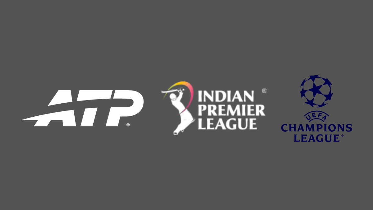 Logos of major sporting events for April 2026 including the ATP Tour, Indian Premier League (IPL), and UEFA Champions League.