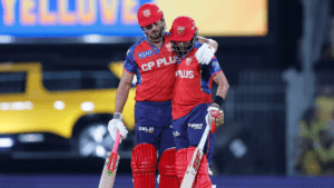 Marcus Stoinis and Shashank Singh of Punjab Kings walk off the field together after successfully chasing a target of 210 r...