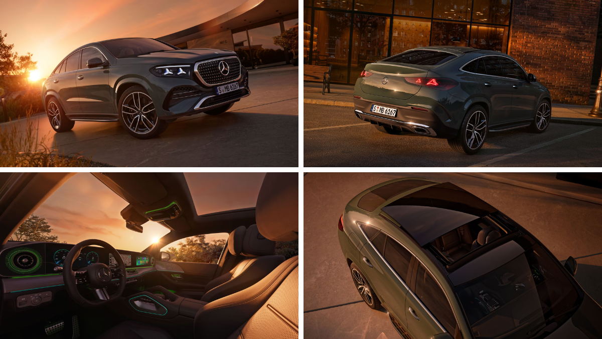 The New Mercedes-Benz GLE 450 e: Elevating Luxury SUV Standards in India with Hybrid Power and "Superscreen" Tech 5 Collage of the Emerald Green GLE Coupé including rear star-motif taillights and a cockpit glowing with green ambient lighting.