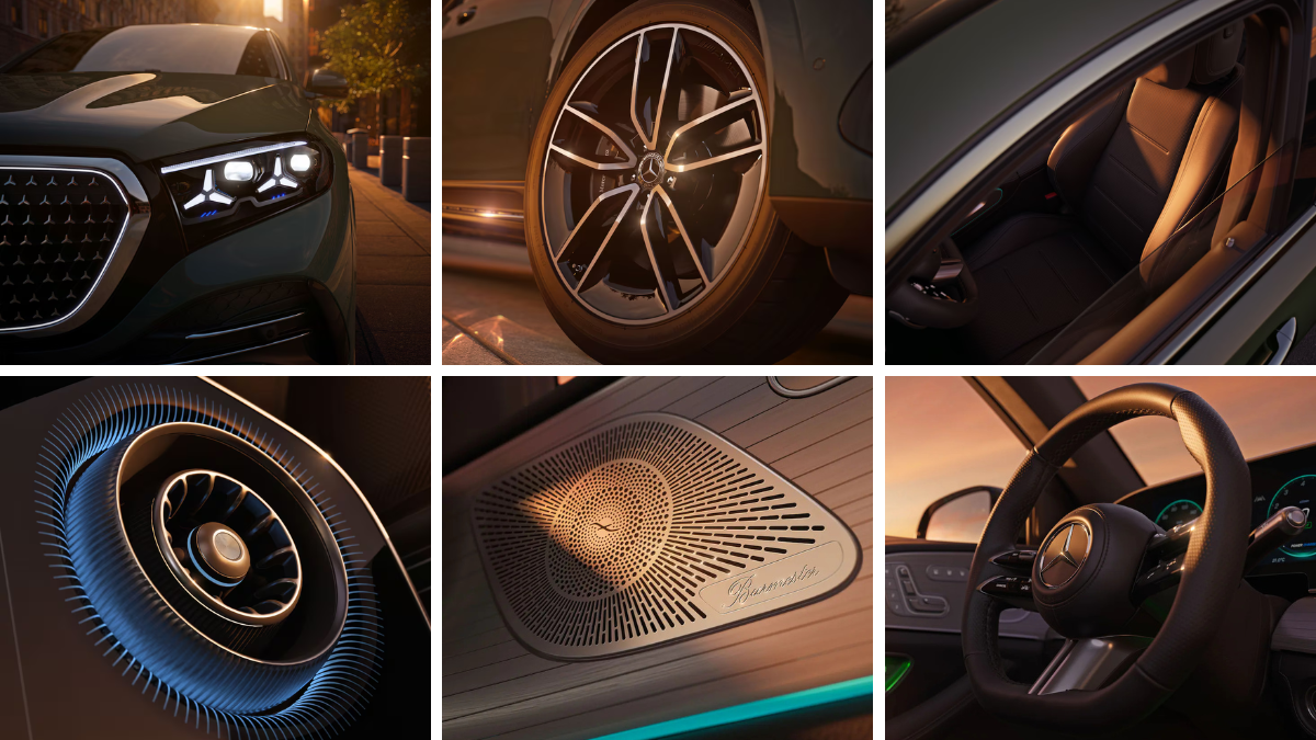 The New Mercedes-Benz GLE 450 e: Elevating Luxury SUV Standards in India with Hybrid Power and "Superscreen" Tech 6 Close-up shots of the star-pattern headlamps, AMG-line wheels, Burmester speaker grilles, and turbine-style air vents.