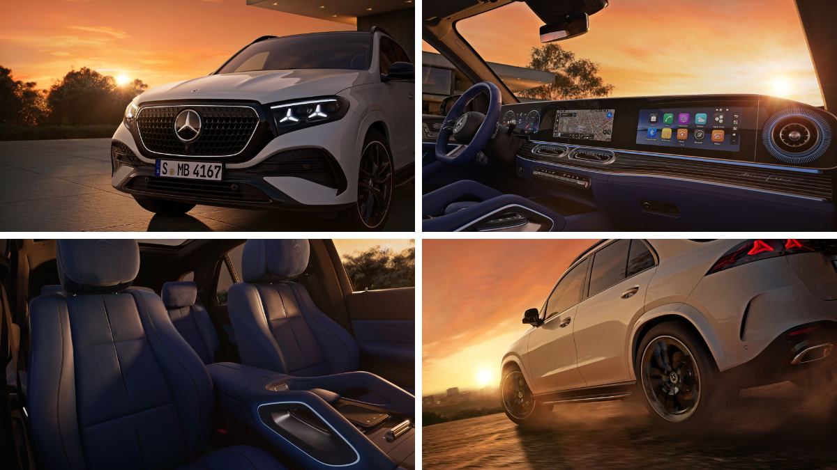 The New Mercedes-Benz GLE 450 e: Elevating Luxury SUV Standards in India with Hybrid Power and "Superscreen" Tech 4 Detailed collage of the GLE SUV showing the illuminated star grille, blue leather multicontour seats, and dynamic driving shot.