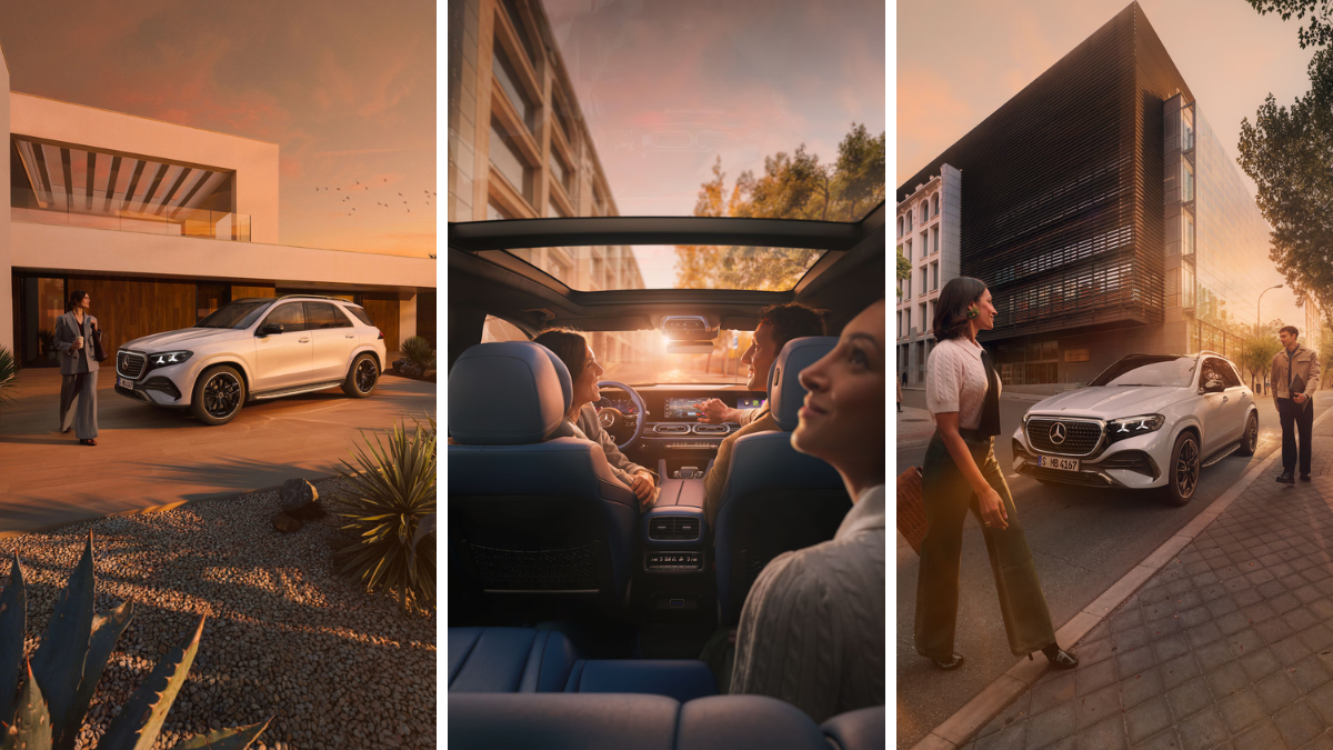 The New Mercedes-Benz GLE 450 e: Elevating Luxury SUV Standards in India with Hybrid Power and "Superscreen" Tech 2 A collage showing the white GLE SUV at a modern villa, a view through the panoramic sunroof, and the car on an urban street.