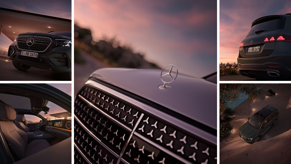 A collage of the Mercedes-Benz GLS featuring the iconic standing hood star, three-point LED taillights, and a top-down view of the illuminated exterior.