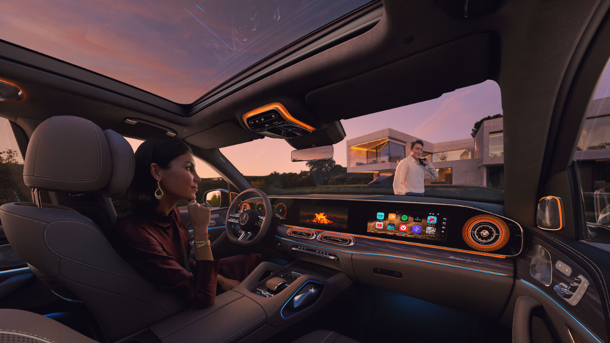 Interior of the Mercedes-Benz GLS showing the pillar-to-pillar MBUX Superscreen with digital displays for apps, navigation, and entertainment.