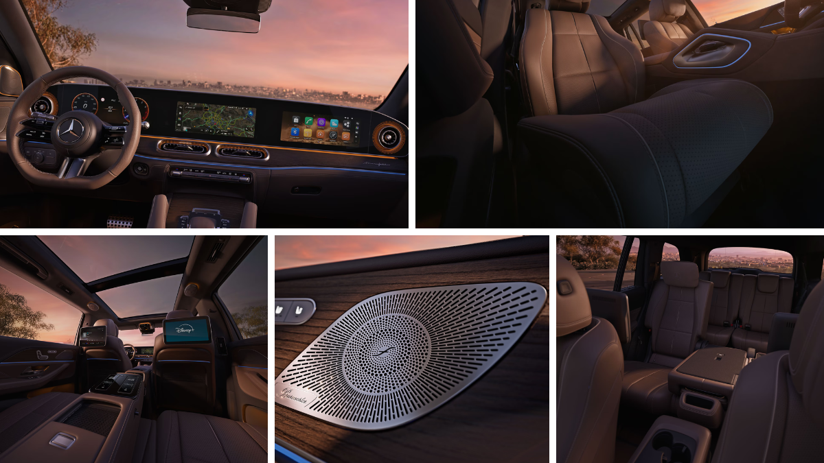 Collage showing the GLS interior comfort features: multicontour leather seats, rear seat entertainment screens, and Burmester speaker grilles.