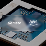 Sophisticated multi-chip processor module, with a translucent overlay displaying the Meta and AWS logos, for India context.