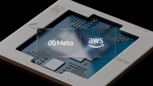 Sophisticated multi-chip processor module, with a translucent overlay displaying the Meta and AWS logos, for India context.