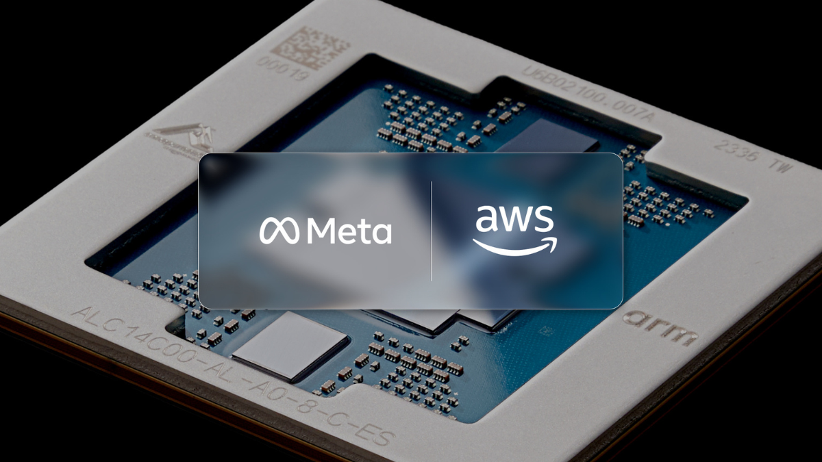 Sophisticated multi-chip processor module, with a translucent overlay displaying the Meta and AWS logos, for India context.