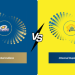 Mumbai Indians logo on blue background versus Chennai Super Kings logo on yellow, separated by a central white 'VS' symbol...