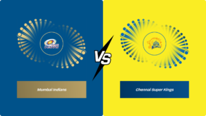 Mumbai Indians logo on blue background versus Chennai Super Kings logo on yellow, separated by a central white 'VS' symbol...