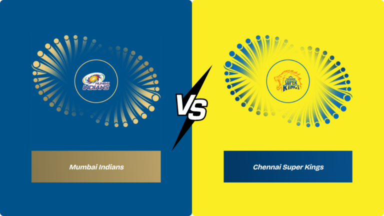 Mumbai Indians logo on blue background versus Chennai Super Kings logo on yellow, separated by a central white 'VS' symbol...