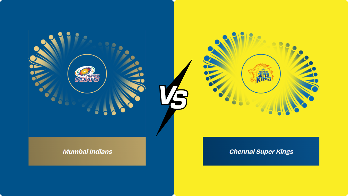 Mumbai Indians logo on blue background versus Chennai Super Kings logo on yellow, separated by a central white 'VS' symbol...