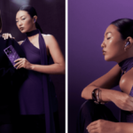 Two women posing with violet motorola signature phones and moto buds 2 plus cases featuring crystals lifestyle