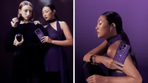 Two women posing with violet motorola signature phones and moto buds 2 plus cases featuring crystals lifestyle.