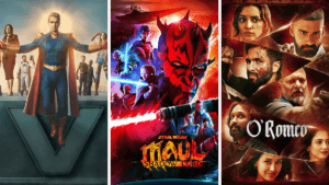 Poster collage featuring major OTT launches for April 2026: The Boys Season 5 on Prime Video, Star Wars Maul Shadow Lord o...