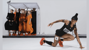 A collage of campaign images for the Nike x Melitta Baumeister Vomero Premium in Total Orange, featuring Sha'Carri Richardson and models in sculptural avant-garde fashion.