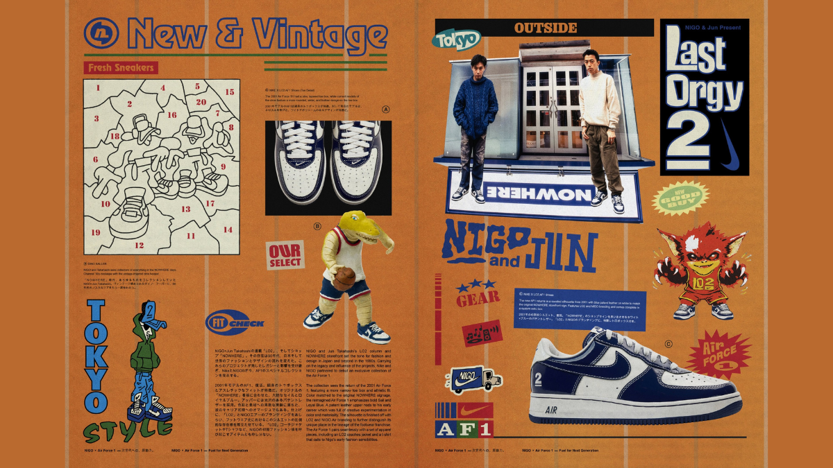 Retro orange magazine layout featuring Nigo, Jun Takahashi, and the Loyal Blue Air Force 1 for Indian streetwear fans.
