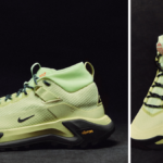 A side-by-side view of the Nike ACG Zegama Hike performance boot in lime green featuring a Vibram Megagrip outsole and tec...