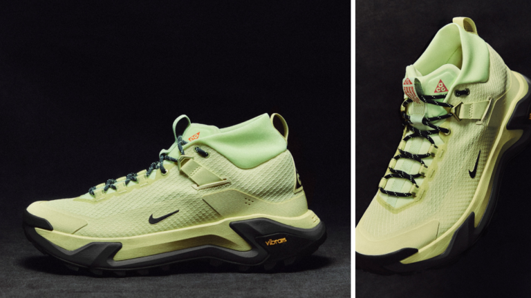 A side-by-side view of the Nike ACG Zegama Hike performance boot in lime green featuring a Vibram Megagrip outsole and tec...
