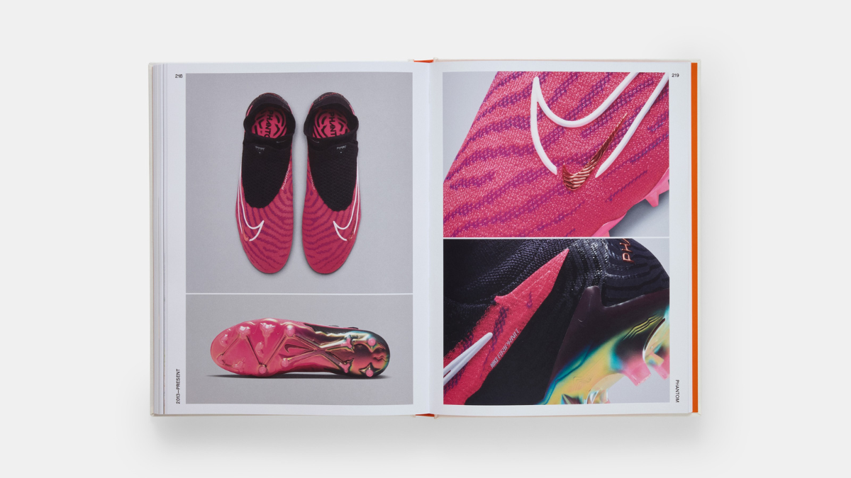 Internal pages from the Phantom chapter showing top-down and close-up views of modern pink patterned Phantom cleats against a clean gray background.