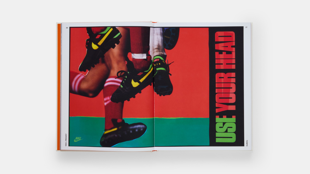 An open spread from the book featuring a dynamic, colorful photograph of classic Nike Tiempo boots in action and bold typography reading 'USE YOUR HEAD'.