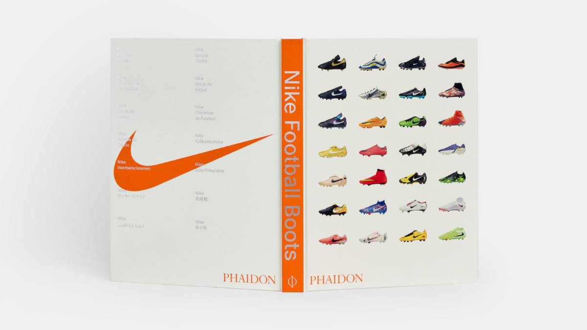 The flat spread of the 'Nike Football Boots' book cover, showing the multi-boot grid on the front and the title translated into over 10 languages with an orange Swoosh on the back.