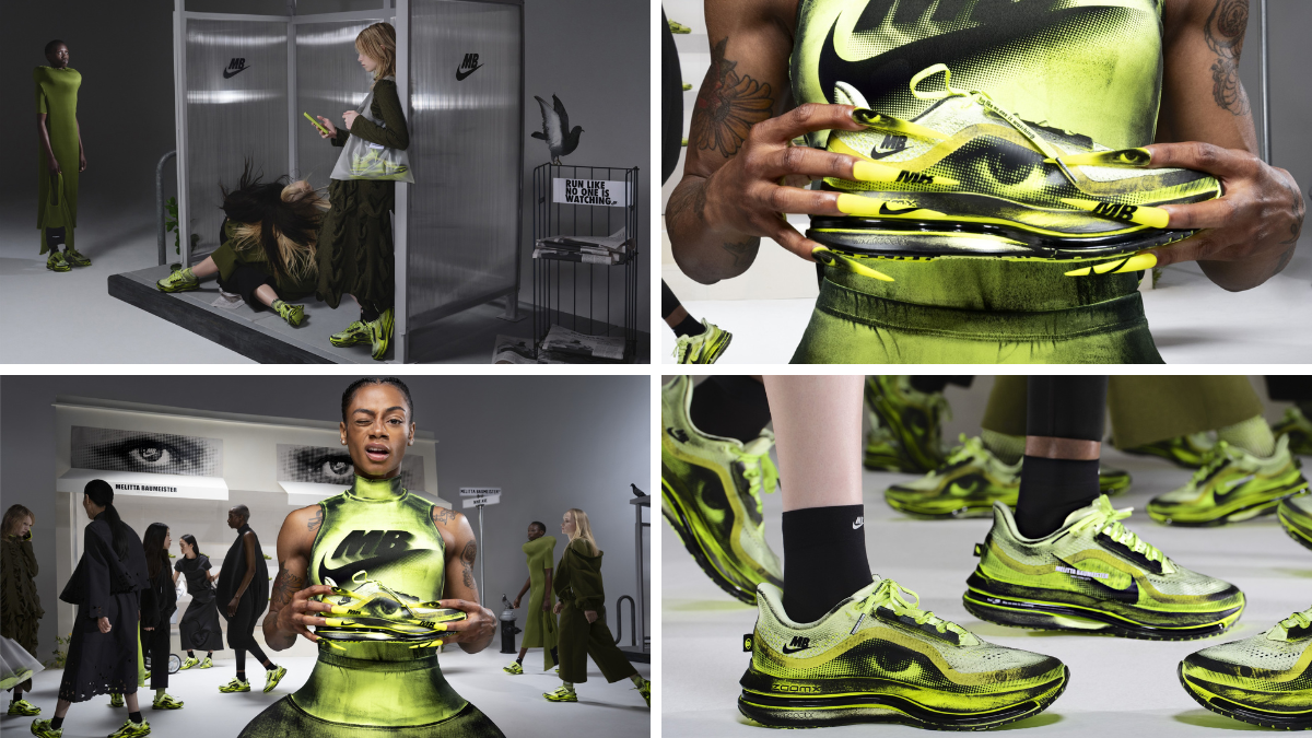 Sha'Carri Richardson holding the neon Volt Nike x Melitta Baumeister Pegasus Premium, highlighting the eye graphics and bold city-living aesthetic.