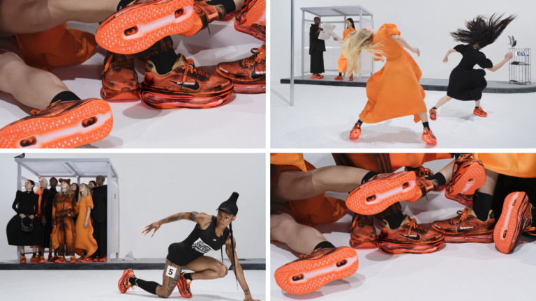 Avant-Garde in the Alley: Nike x Melitta Baumeister "Run Like No One Is Watching" Collection Unveiled 1 A collage of campaign images for the Nike x Melitta Baumeister Vomero Premium in Total Orange, featuring Sha'Carri Richardson and models in sculptural avant-garde fashion.