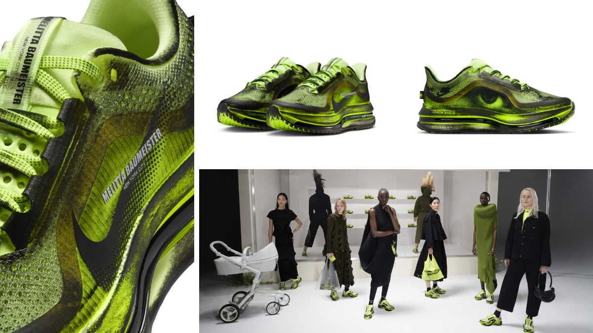 Detailed views of the Melitta Baumeister x Pegasus Premium in Volt, showcasing the ZoomX foam, sculpted Air Zoom unit, and MB branding on the tongue.