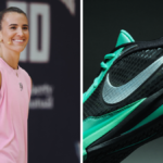 A split image featuring Sabrina Ionescu in a pink Nike Aero-FIT top on the left and a close-up profile shot of the teal an...