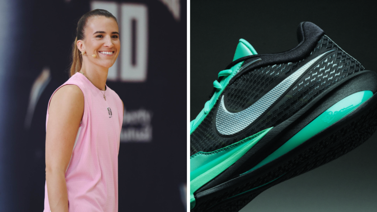 A split image featuring Sabrina Ionescu in a pink Nike Aero-FIT top on the left and a close-up profile shot of the teal an...