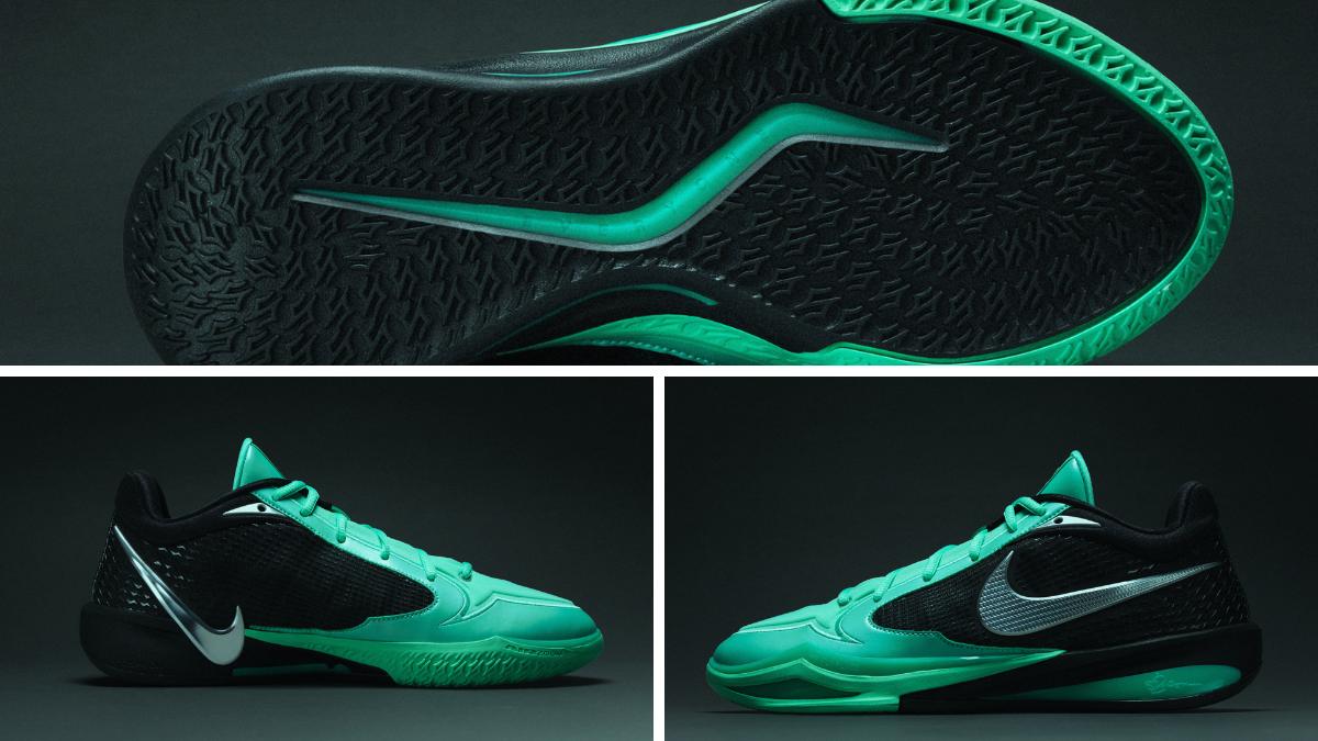 A collage showing the Sabrina 4's high-traction outsole, the medial side featuring a vertical silver Swoosh, and the lateral side with a mirrored Swoosh and Cushlon foam.