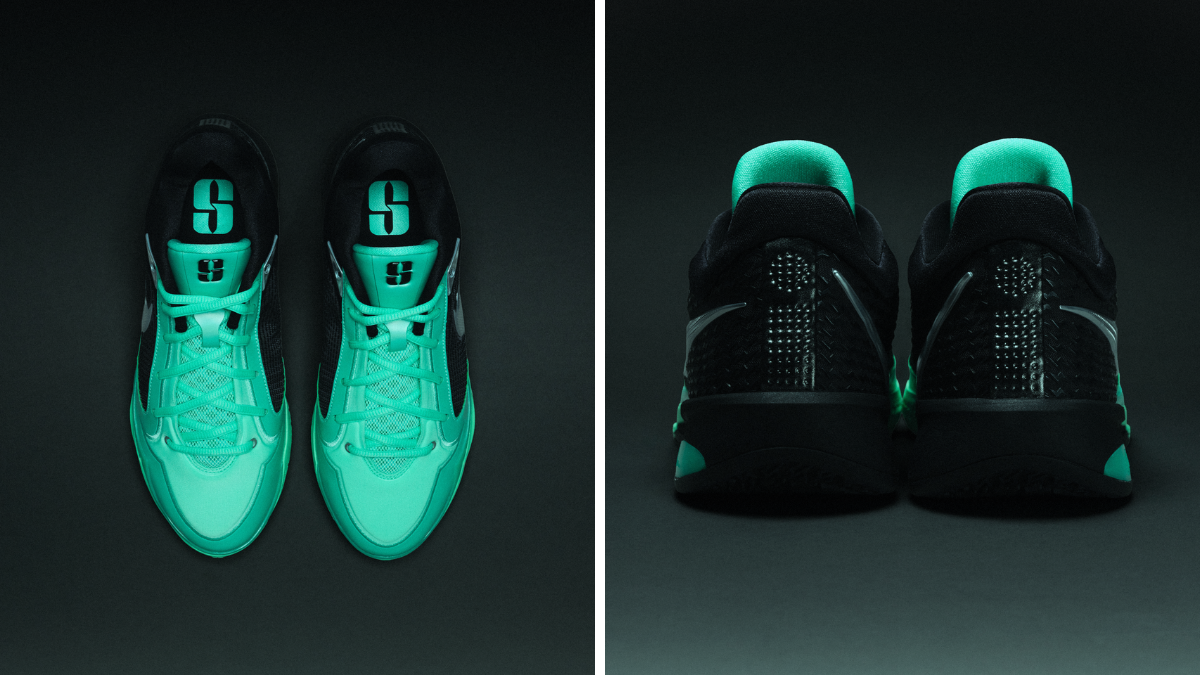 A dual-panel image showing a top-down view of the teal Nike Sabrina 4 with its signature "S" logo on the tongue and a back-view highlighting the lowercase "i" heel motif.