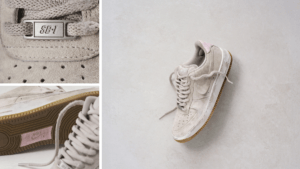 A collage showing the Light Orewood Brown Nike SB Air Force 1 with a close-up of the SB-1 lace dubrae and the gum outsole ...