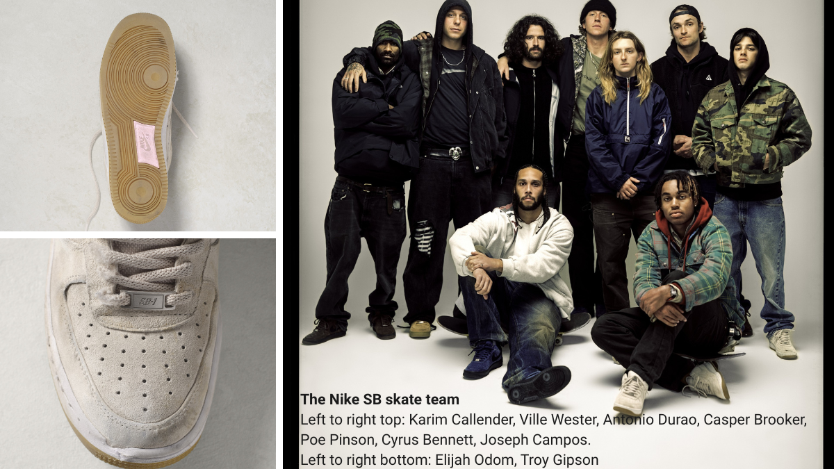 Iconic Rebirth: Nike SB Air Force 1 Unveiled – Rebuilt for Performance & Launching in India 2 A collage featuring the full modified herringbone tread outsole of the SB Air Force 1 and a group portrait of the Nike SB skate team.