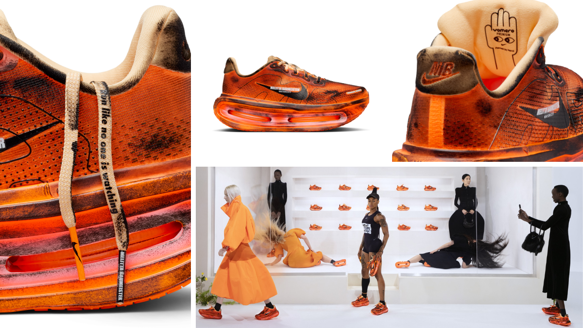 Close-up details of the hand-painted Nike x Melitta Baumeister Vomero Premium in orange, showing the "Run like no one is watching" laces and MB heel branding.