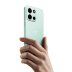 A person's hand holding the light green OnePlus Nord 6, showcasing the sleek back panel and the new square camera island.