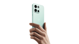A person's hand holding the light green OnePlus Nord 6, showcasing the sleek back panel and the new square camera island.
