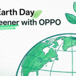 Illustration of a plant growing from a globe with the text This Earth Day Go Greener with OPPO for green tech.
