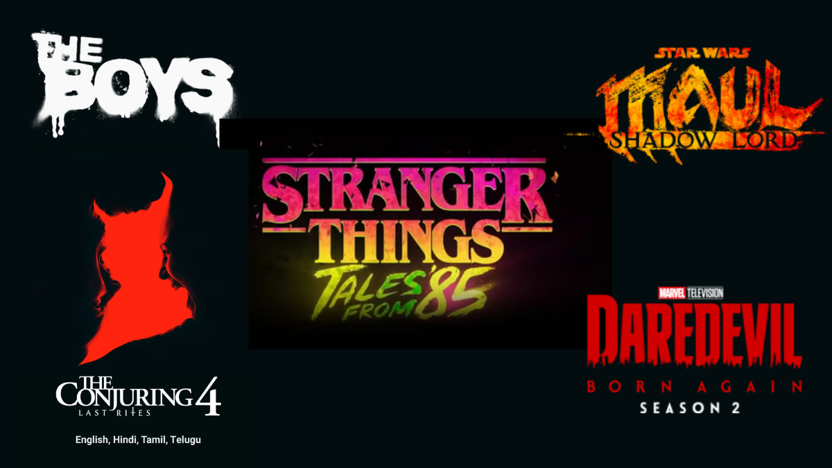Logos of The Boys, Stranger Things Tales from 85, The Conjuring 4, Star Wars Maul, and Daredevil Born Again Season 2.